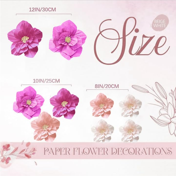 Linnoptimix Pink Birthday Party Decorations Paper Flowers Artificial Crepe Tissue Hot Light Pink White Wall Décor Wedding Birthday Bridal Baby Shower Classroom Nursery Room Backdrop Centerpieces (Pink (9 PCS)) - Image 2